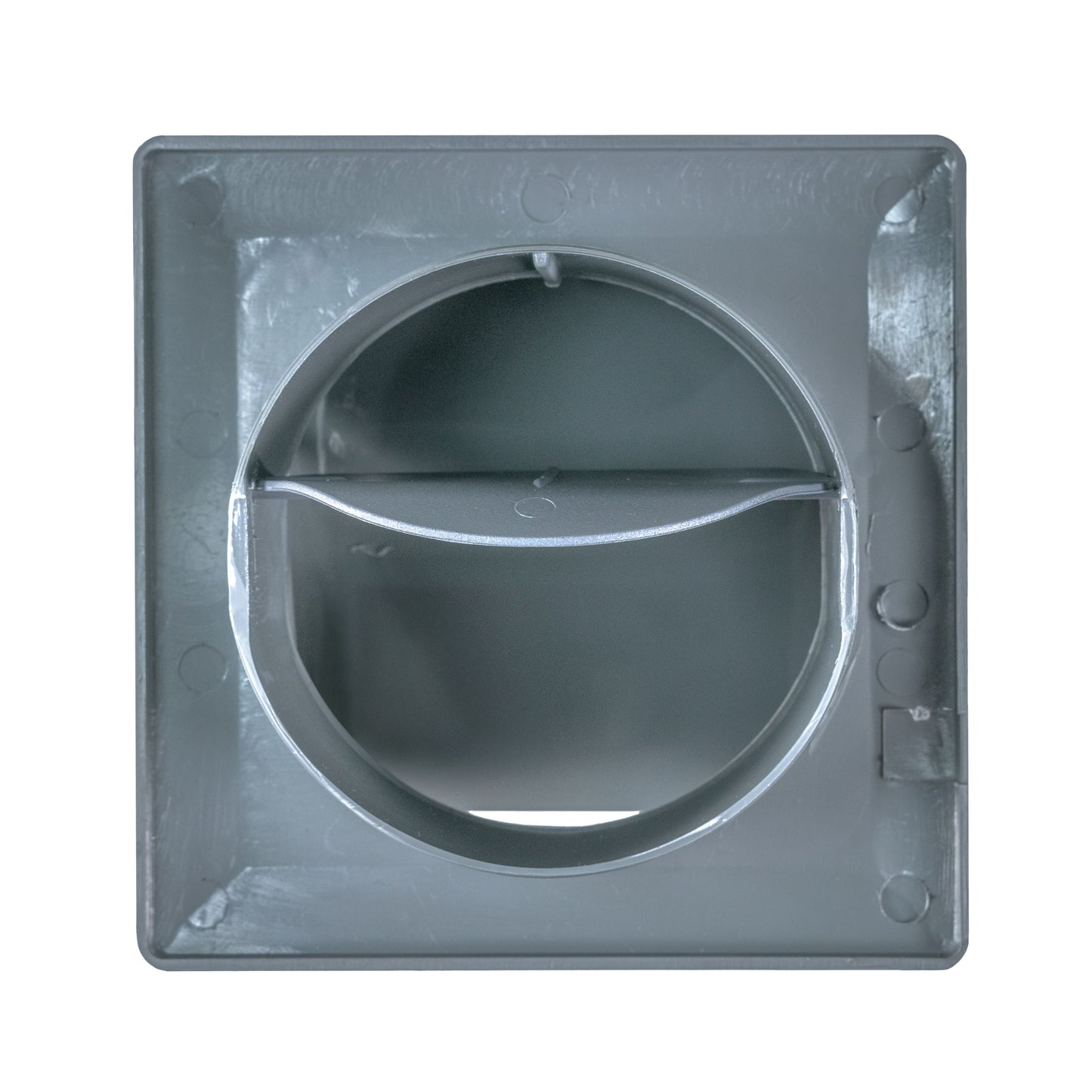 Grey wall mounting frame with circular duct opening and fixing points