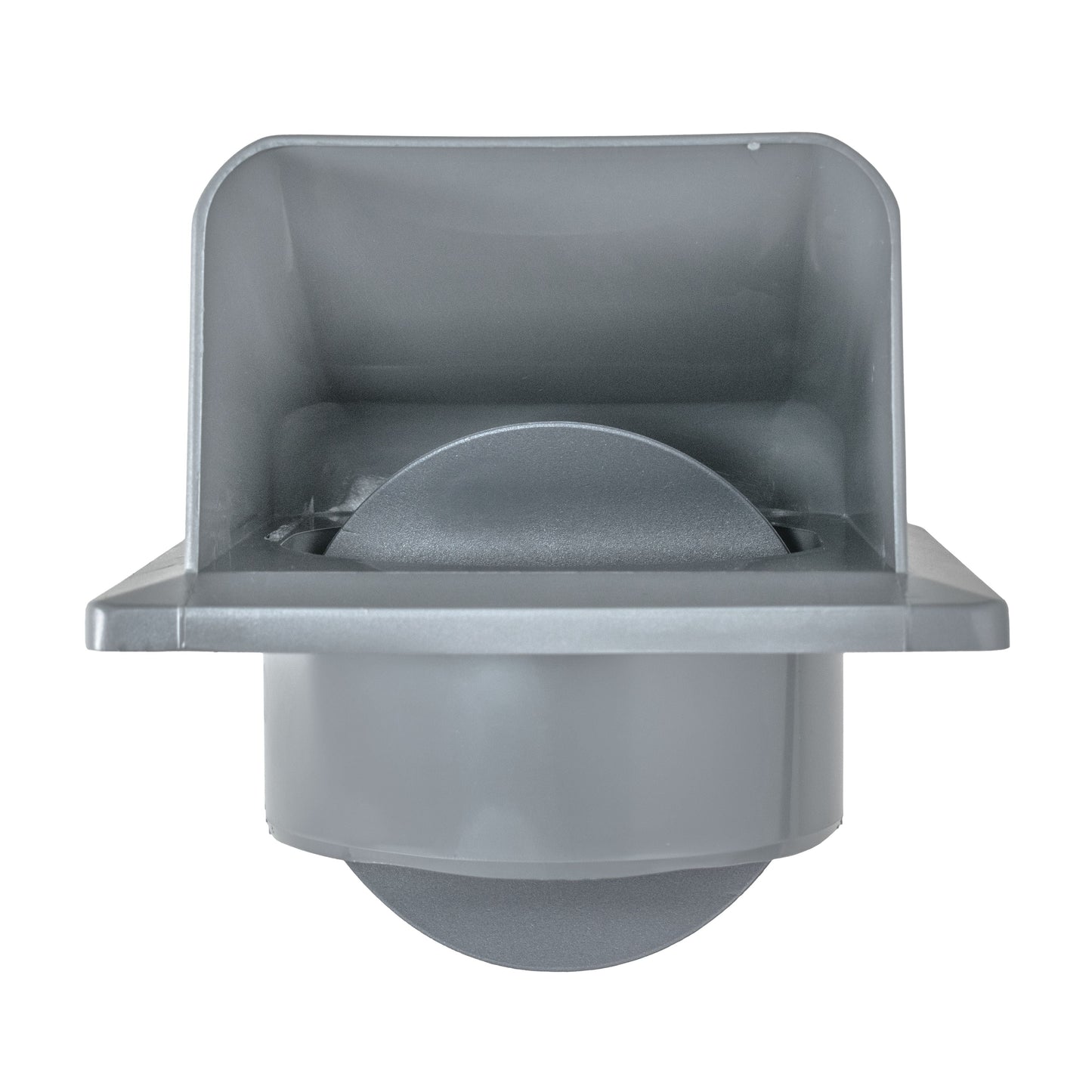 Grey ventilation cover with circular outlet and inner cavity