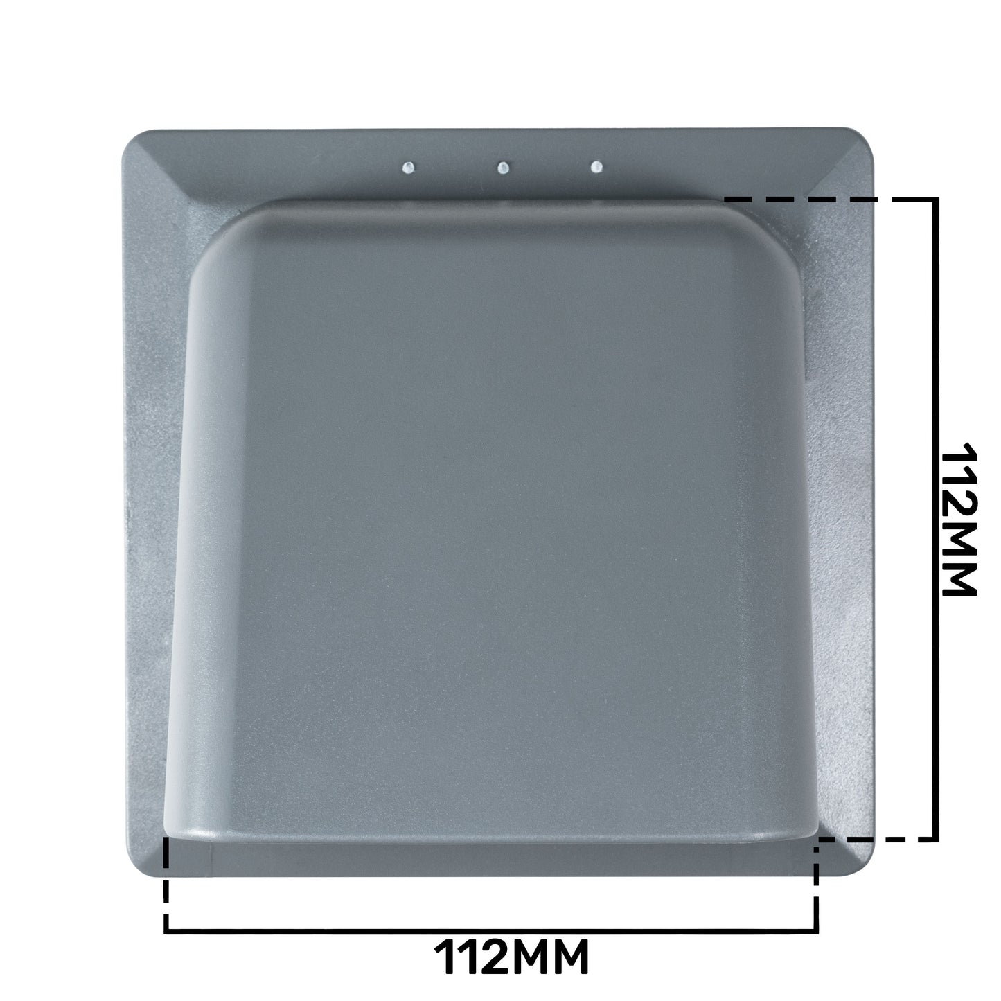 Graphite louvre vent cover dimensions shown: 140mm height and 112mm width