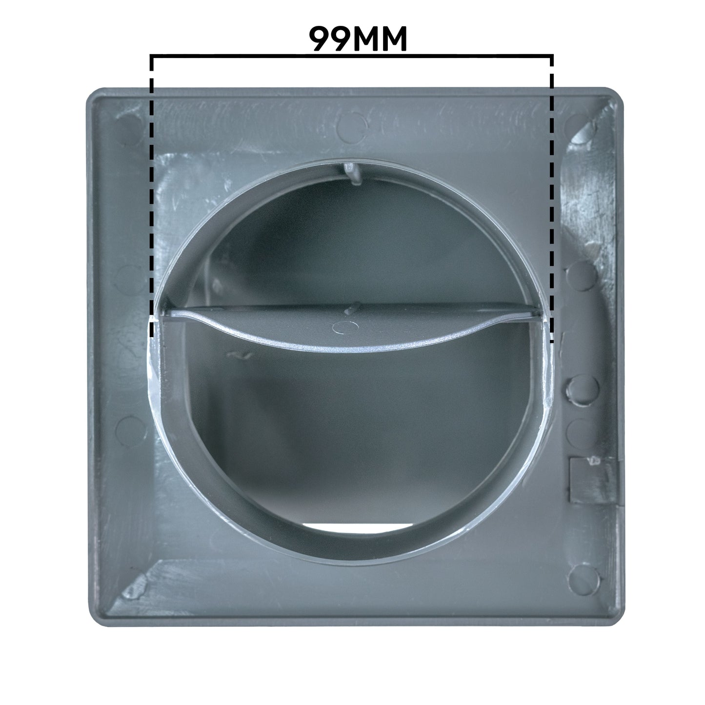 Graphite louvre vent front view with internal circular inlet and square frame