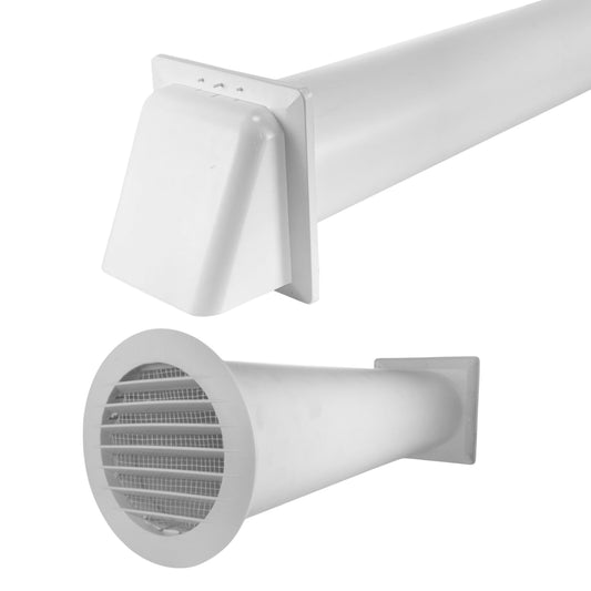 White round louvre wall vent exterior with short connecting duct
