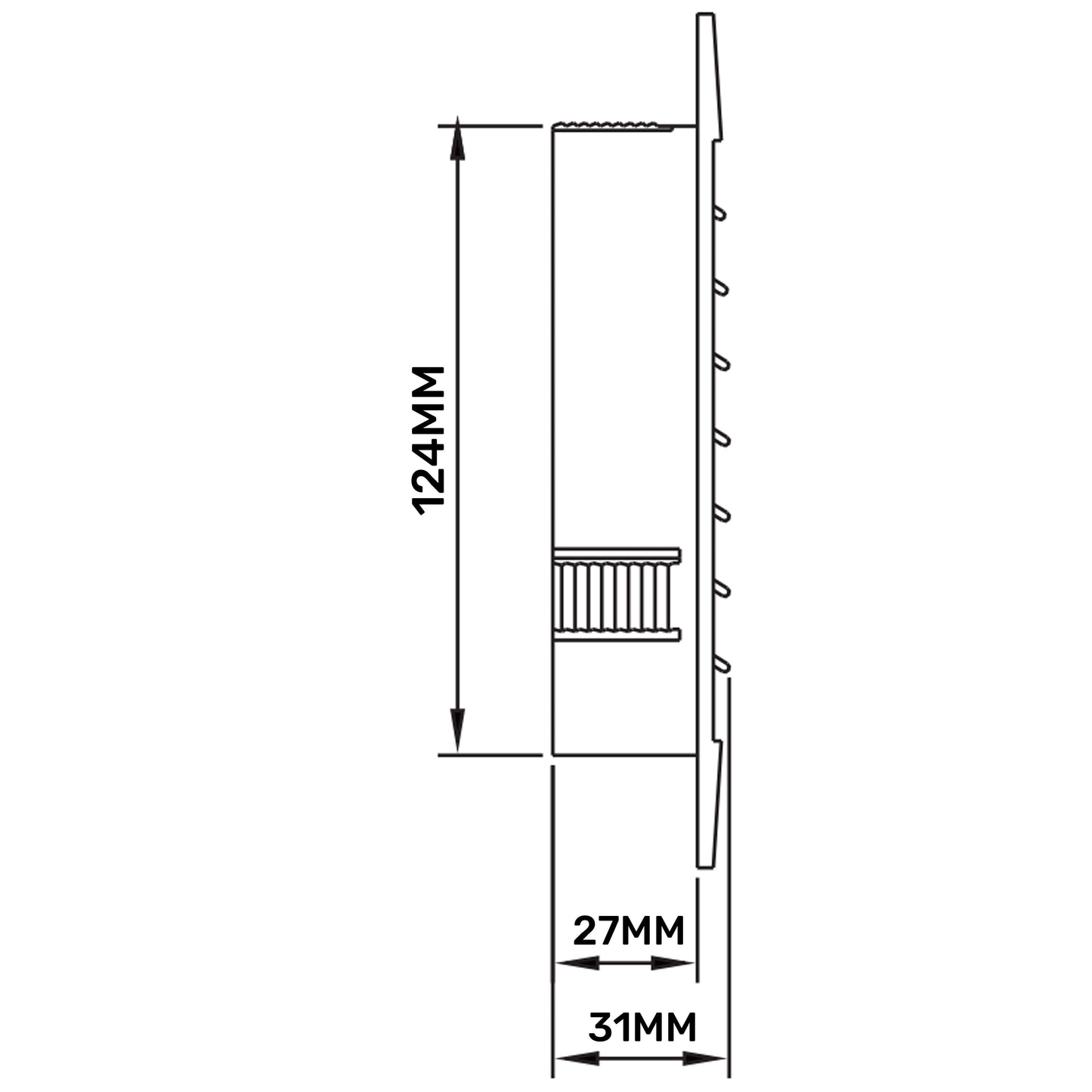 Louvre Vent KRO 125 with fly mesh, side view with 124mm height and 27/31mm depth dimensions