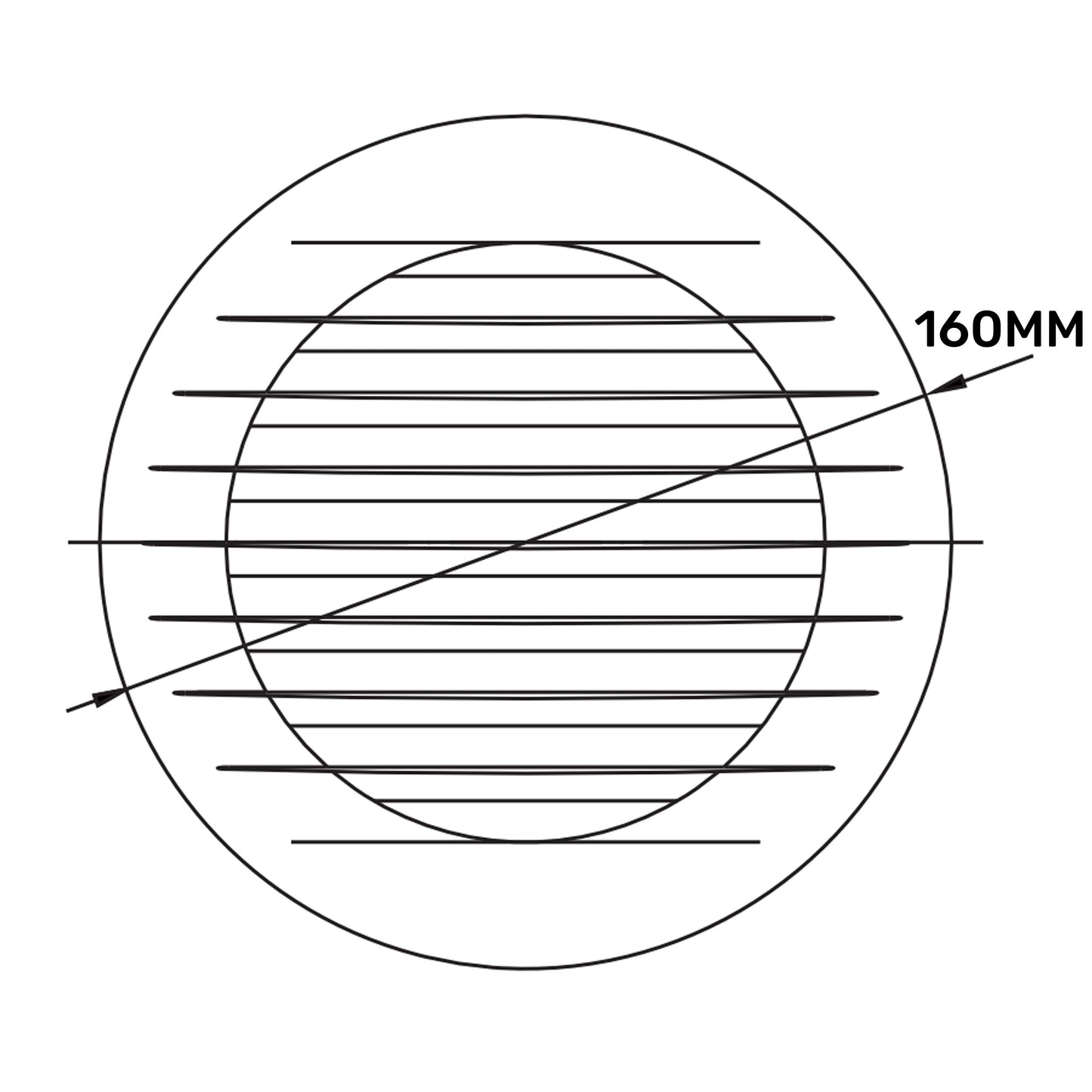 Louvre Vent KRO 125 with fly mesh, top view showing circular grille and 160mm diameter