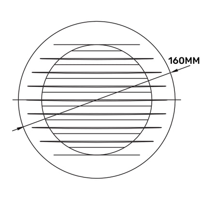 Louvre Vent KRO 125 with fly mesh, top view showing circular grille and 160mm diameter