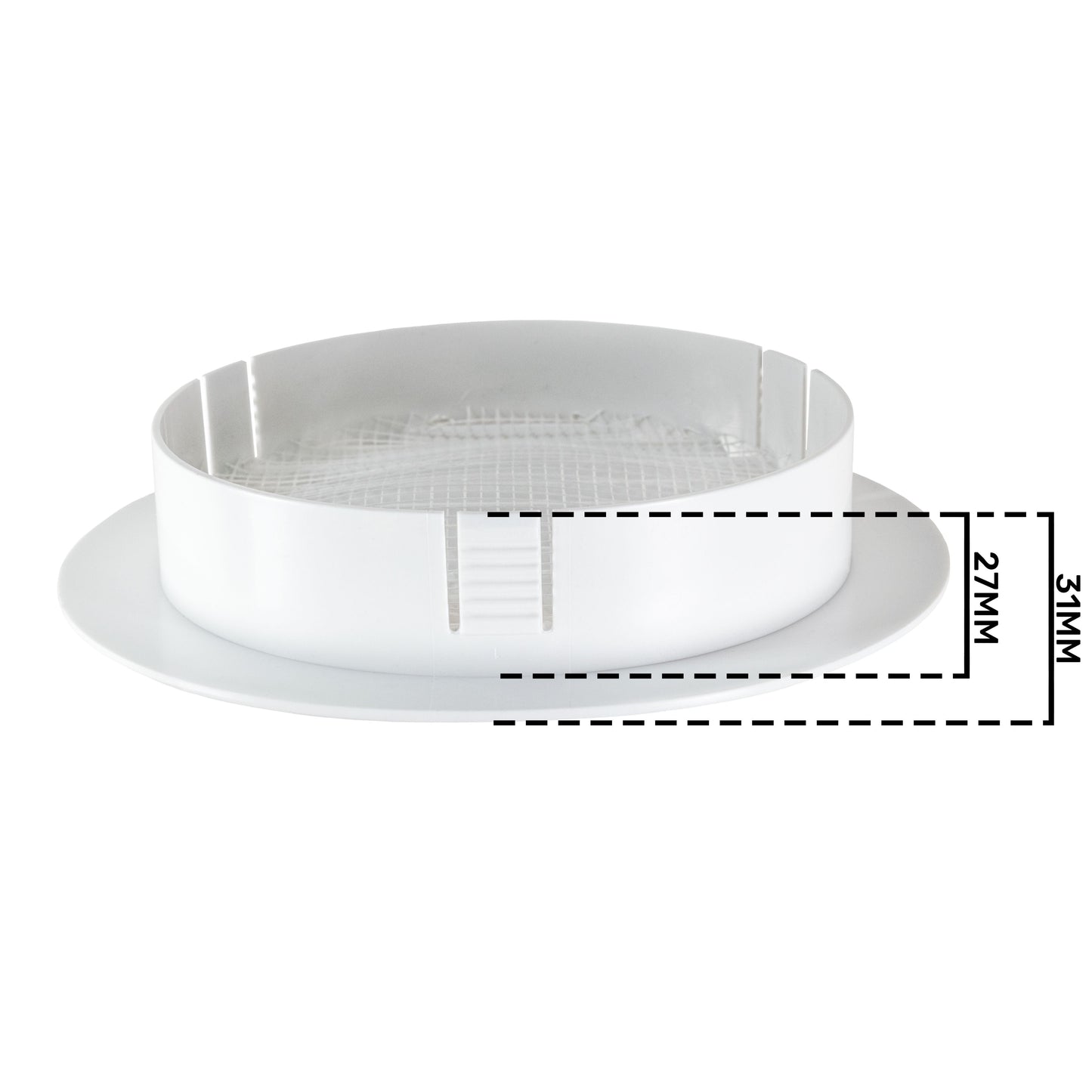 Louvre Vent KRO 125 with fly mesh, white circular vent collar with mesh liner; 27mm/31mm shown
