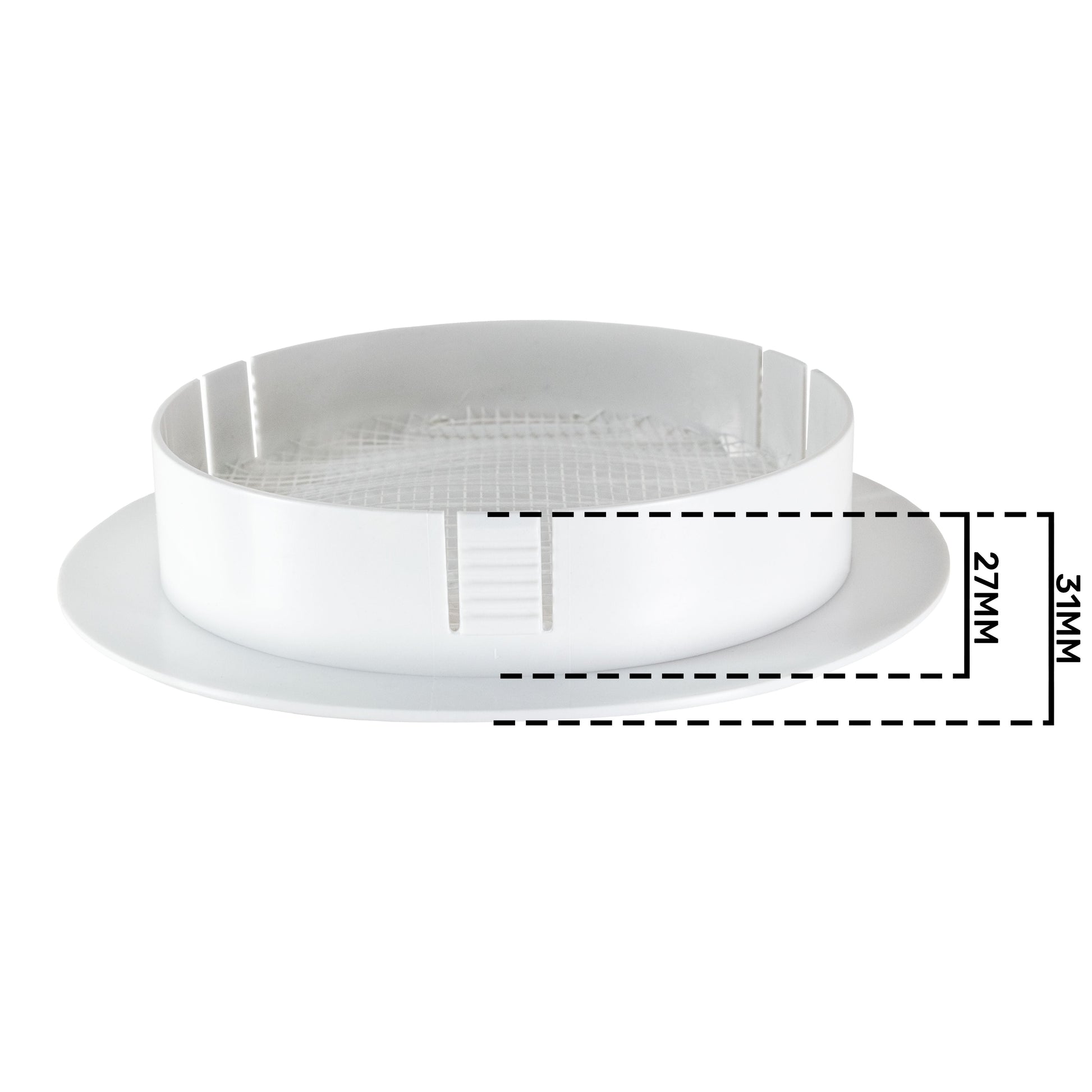 Louvre Vent KRO 125 with fly mesh, white circular vent collar with mesh liner; 27mm/31mm shown