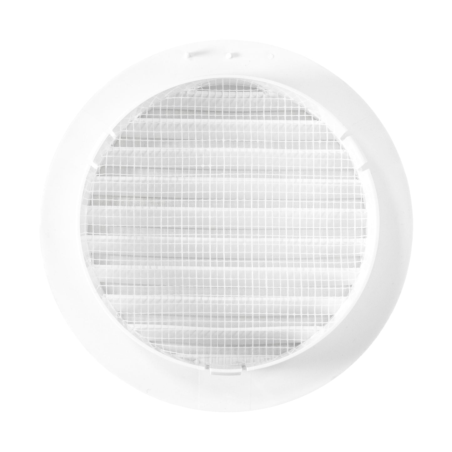 Louvre Vent KRO 125 with fly mesh, close view of white round mesh-covered opening