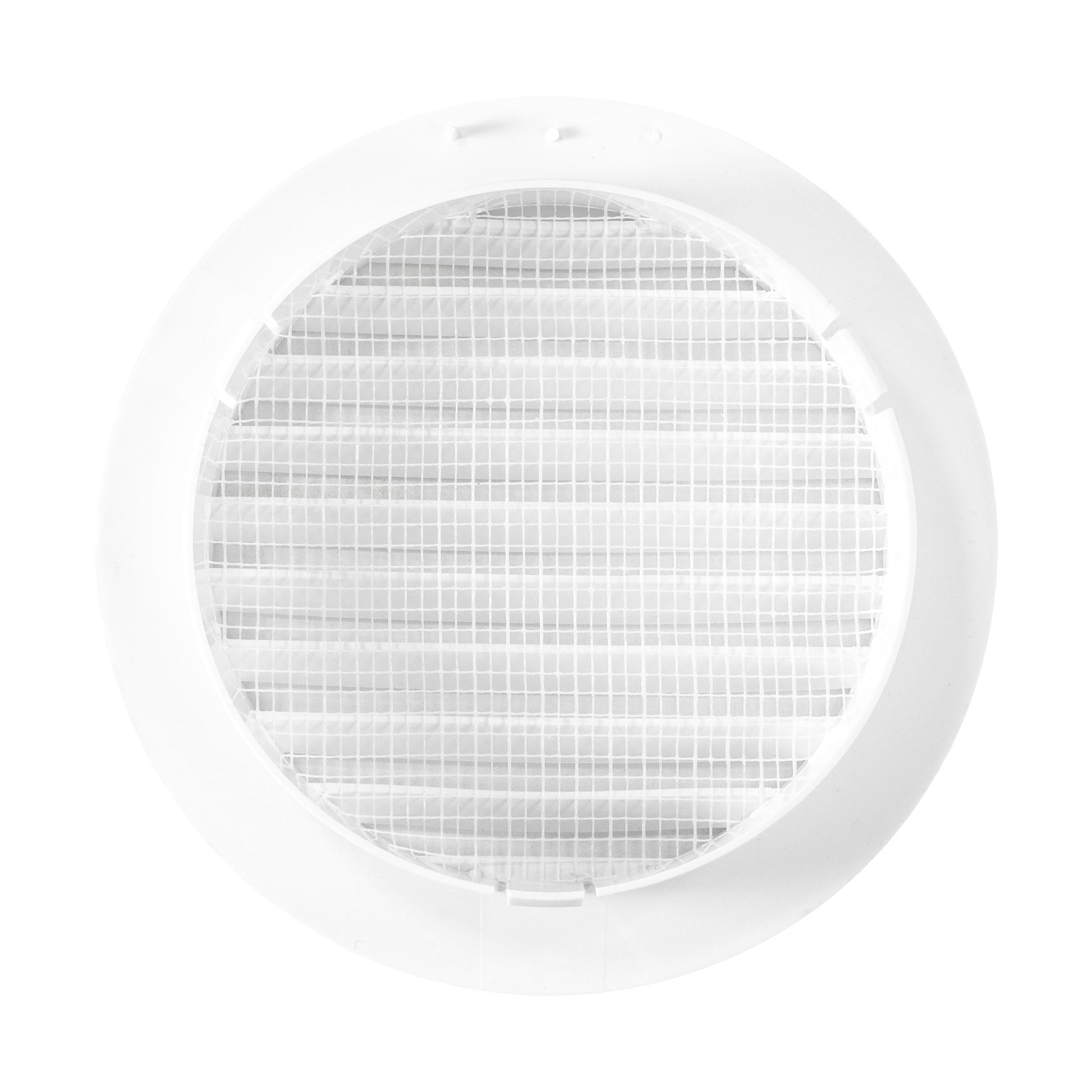 Louvre Vent KRO 125 with fly mesh, close view of white round mesh-covered opening