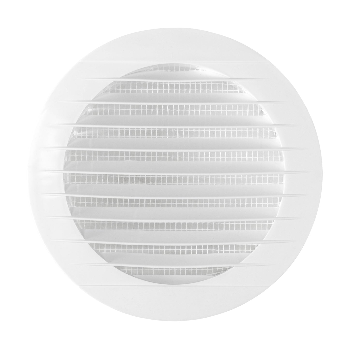 Louvre Vent KRO 125 with fly mesh, front view of white vent with horizontal louvres