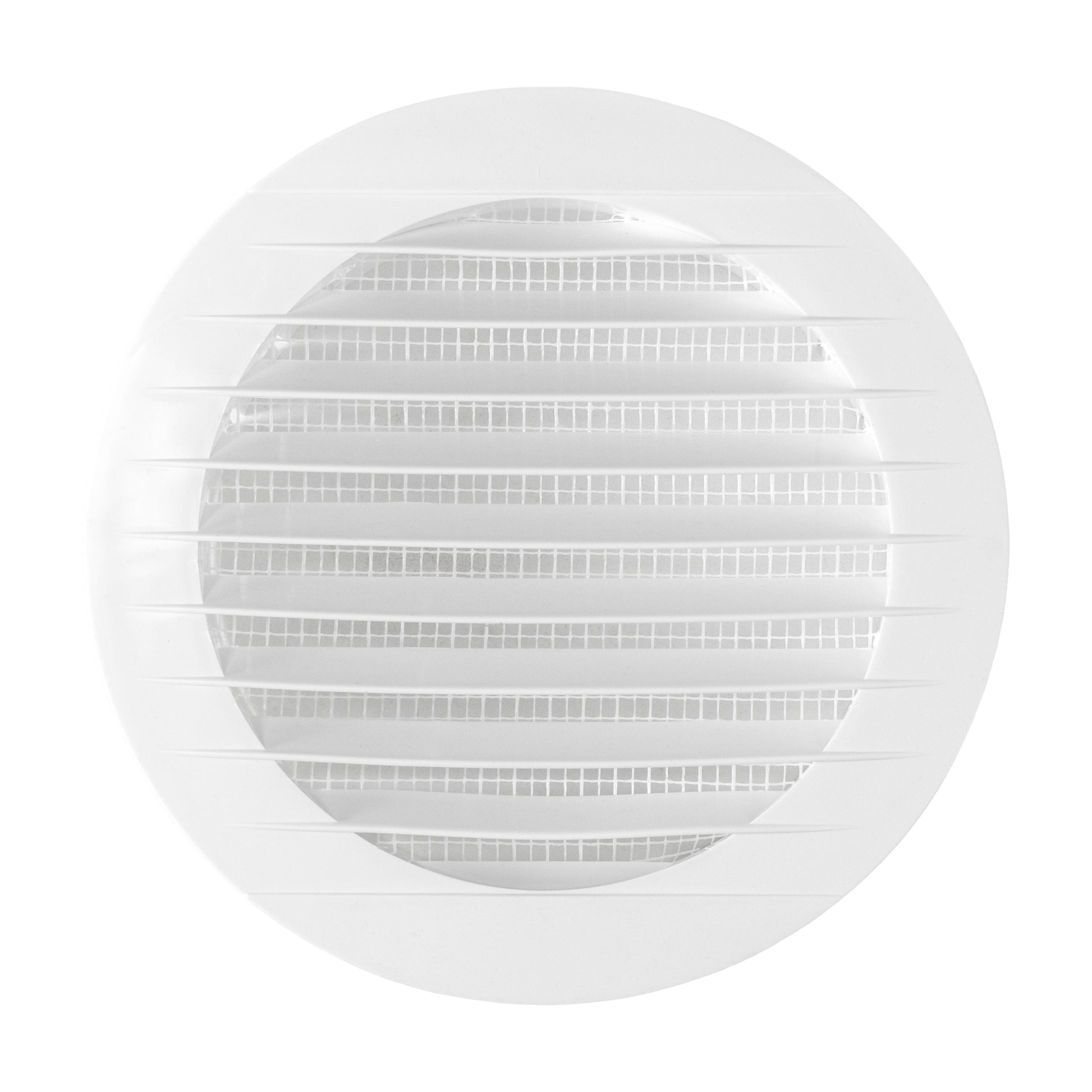 Louvre Vent KRO 125 with fly mesh, front view of white vent with horizontal louvres