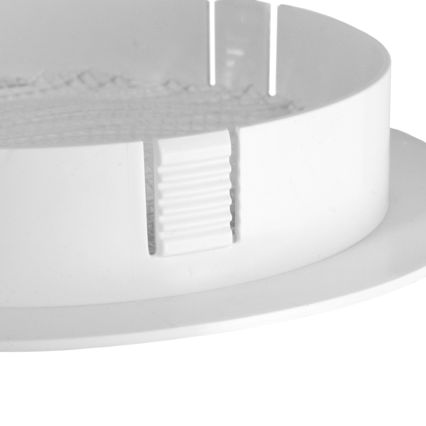 Louvre Vent KRO 125 with fly mesh, side view of white housing and fly-mesh frame