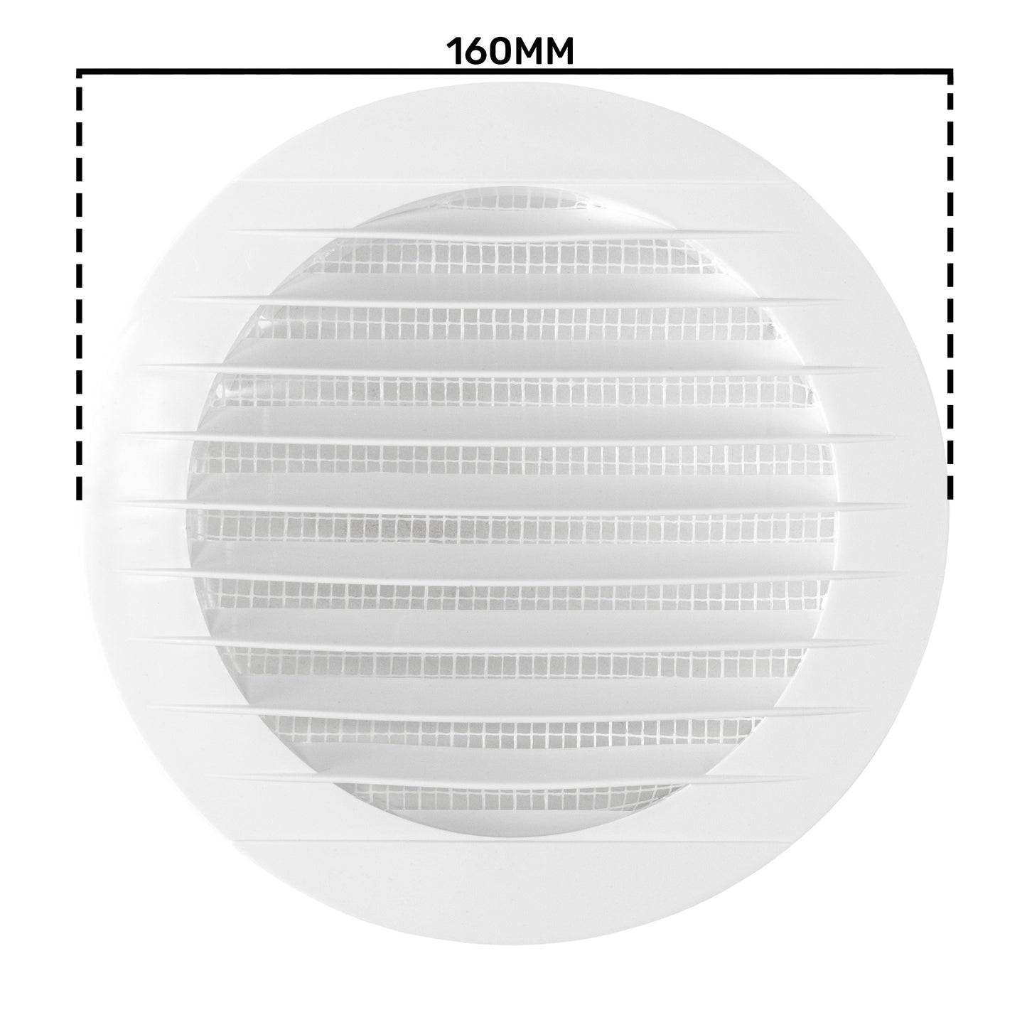 Louvre Vent KRO 125 with fly mesh, 160mm dimension over white round grille