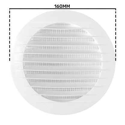 Louvre Vent KRO 125 with fly mesh, 160mm dimension over white round grille