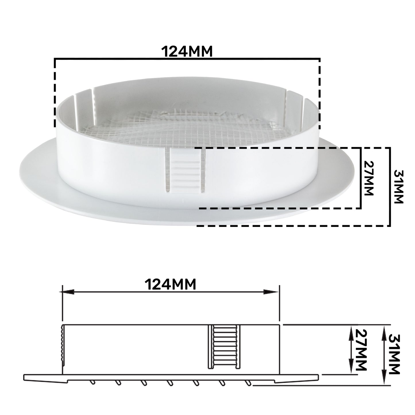 Louvre Vent KRO 125 with fly mesh, side view dimension 124mm width and 31mm depth/height