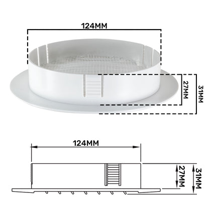 Louvre Vent KRO 125 with fly mesh, side view dimension 124mm width and 31mm depth/height