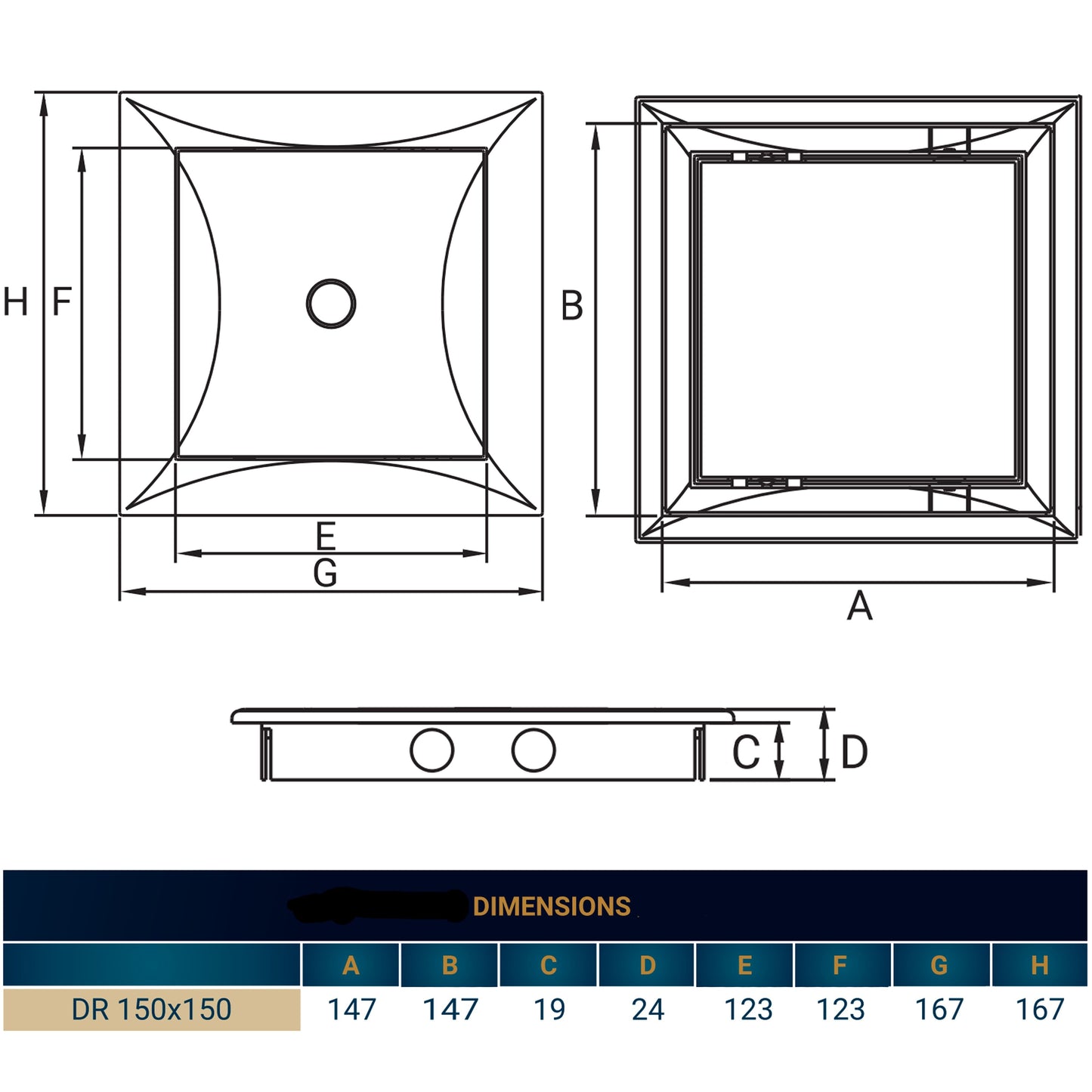 Access panel door dimensions chart: square 150 x 150 with labeled measures