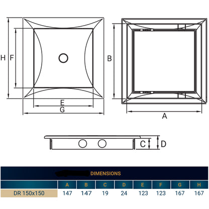 Access panel door dimensions chart: square 150 x 150 with labeled measures