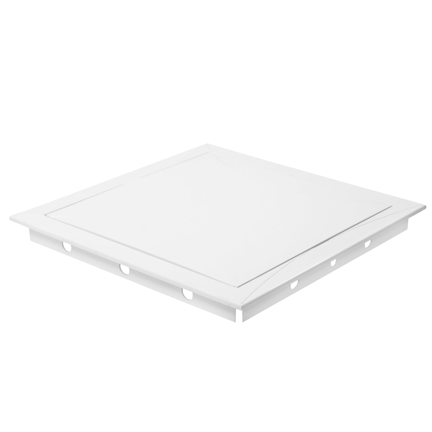 White PP access panel door, 150 x 150 mm, angled underside view