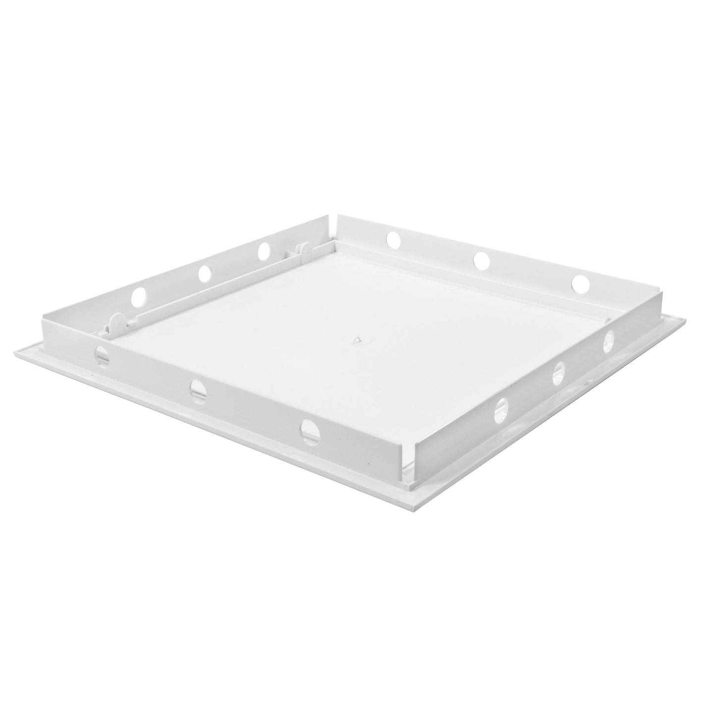 White PP access panel door, 150 x 150 mm, open frame with corner supports and holes