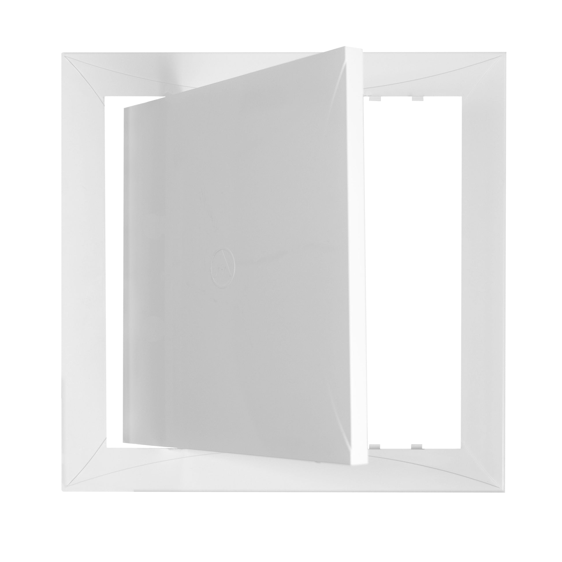 White PP access panel door, 150 x 150 mm, side opening showing inner back panel