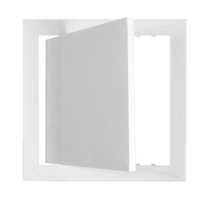 White PP access panel door, 150 x 150 mm, side opening showing inner back panel