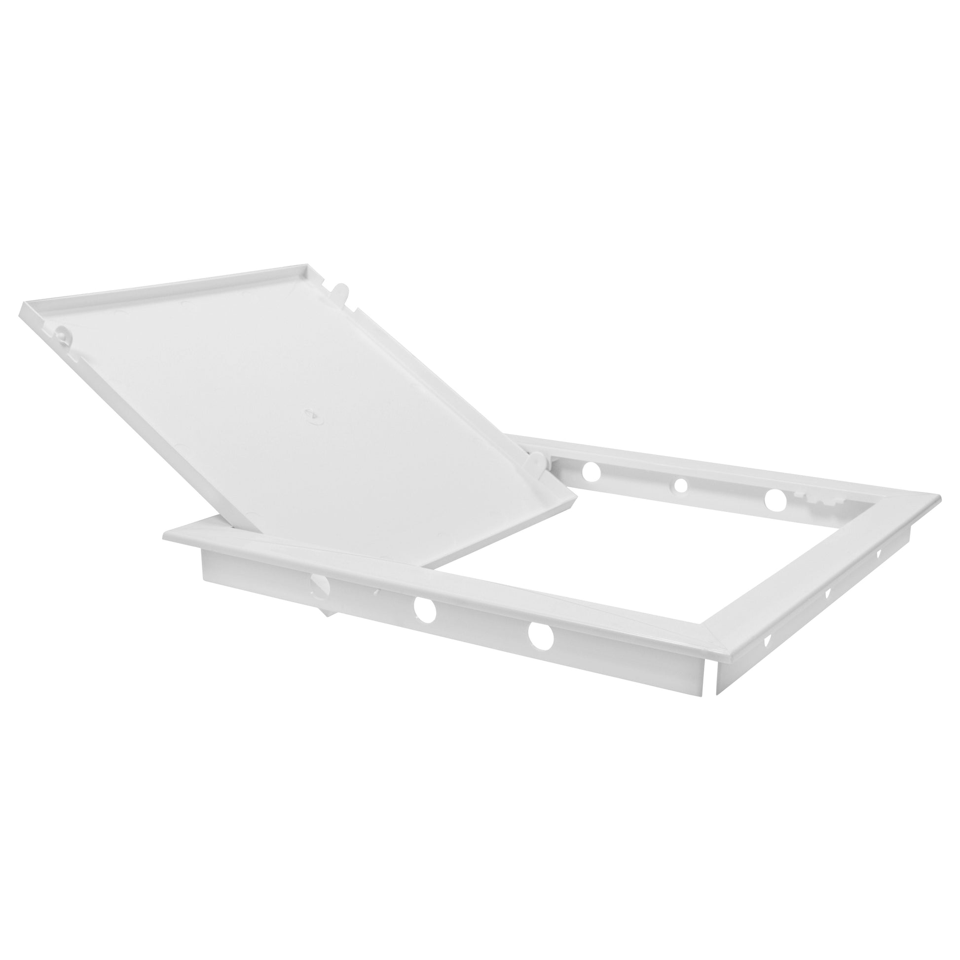 White PP access panel door, 150mm x 150mm, hinged frame with latch cut-outs