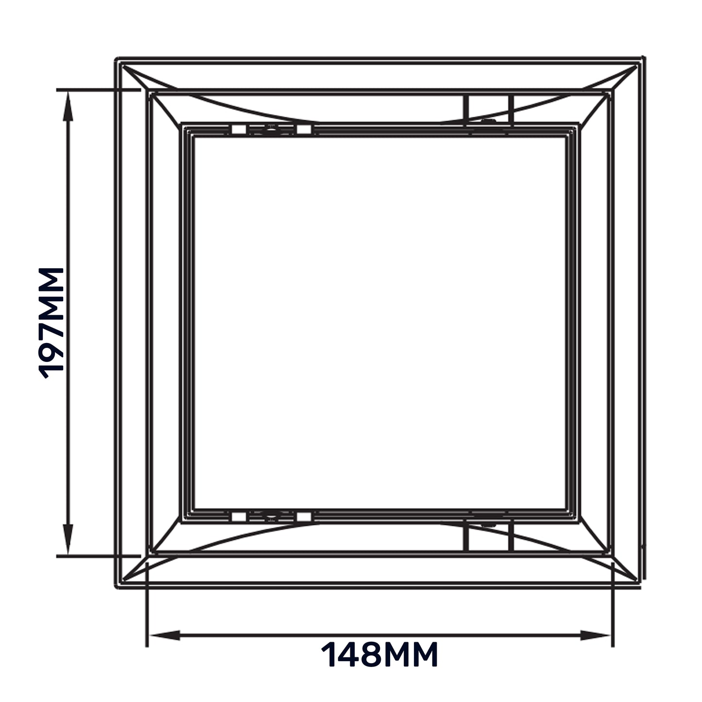 Access panel door frame outline diagram with side dimensions 148 x 197 mm
