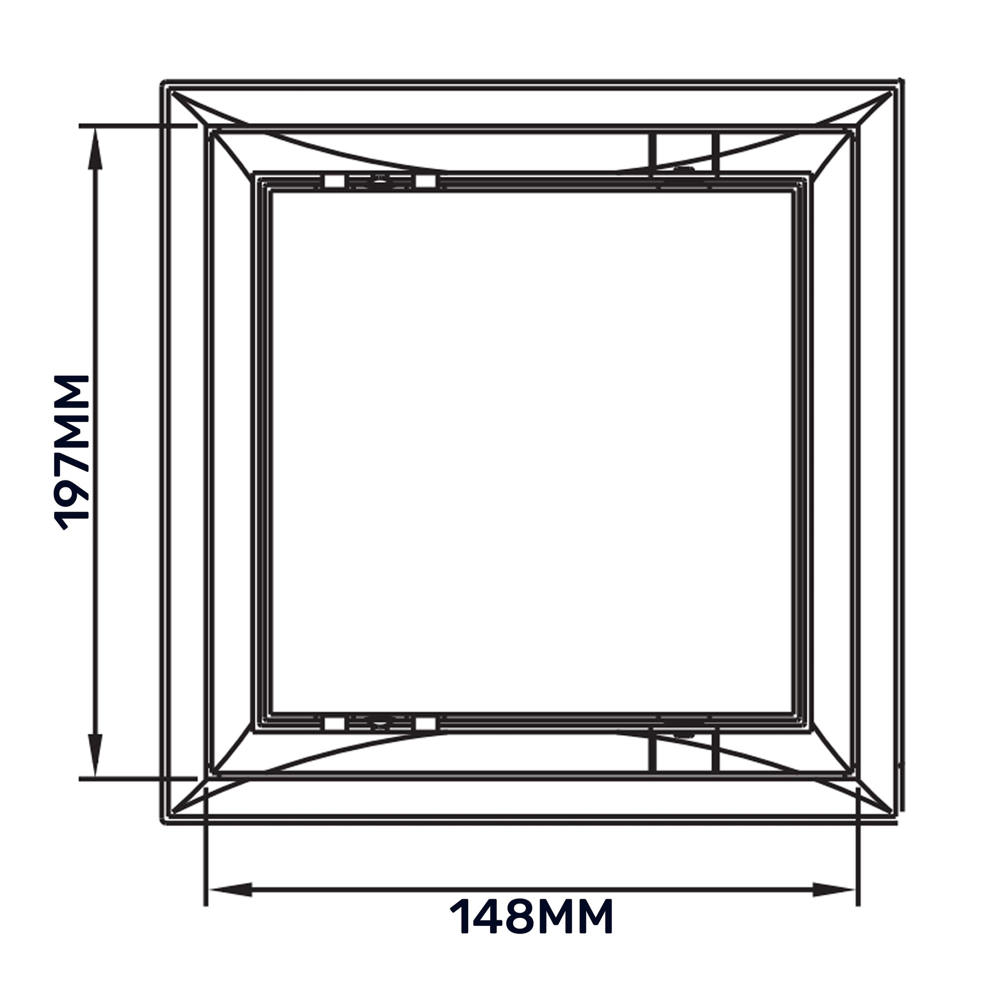 Access panel door frame outline diagram with side dimensions 148 x 197 mm