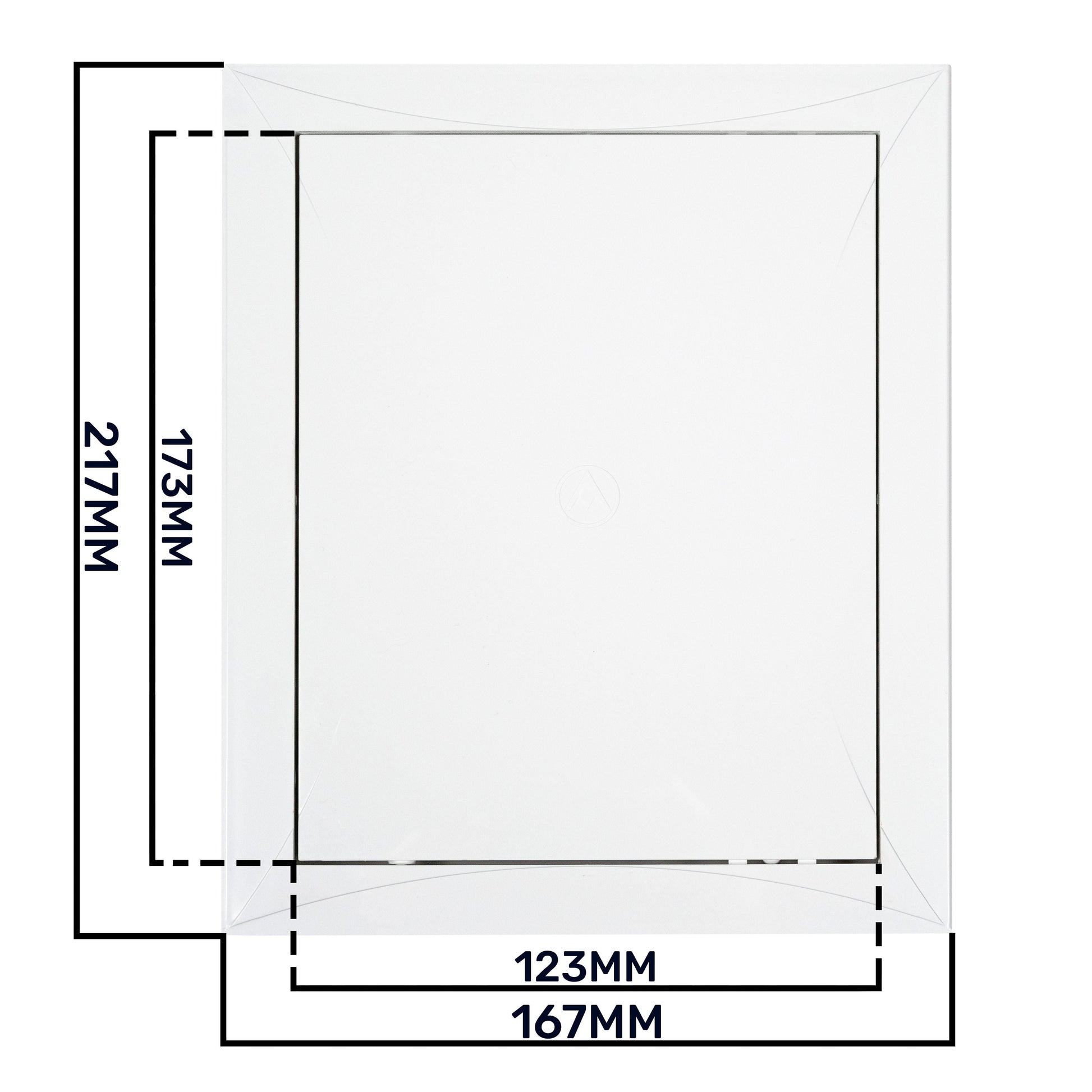 White access panel door diagram with 123 mm x 167 mm opening
