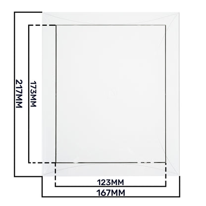 White access panel door diagram with 123 mm x 167 mm opening