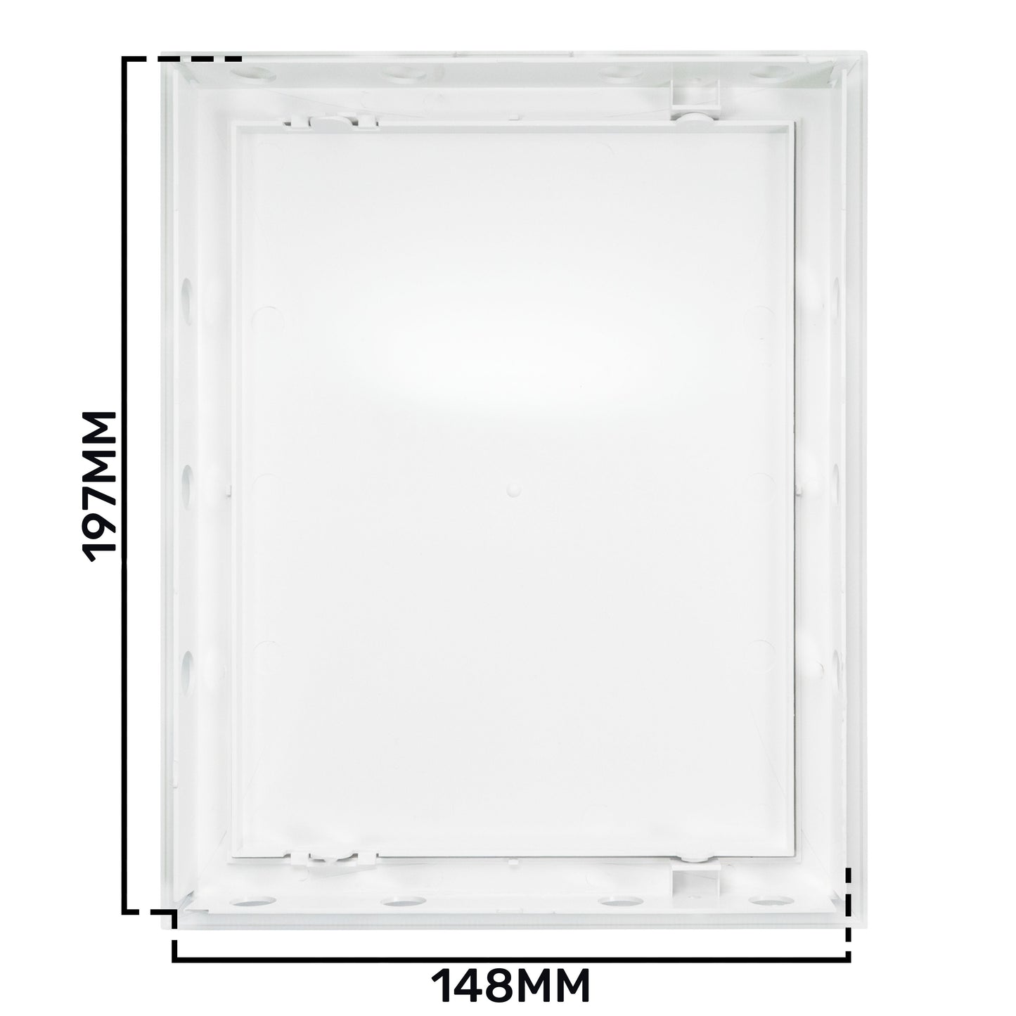 Back view of white PP access panel door frame, 148 mm x 197 mm