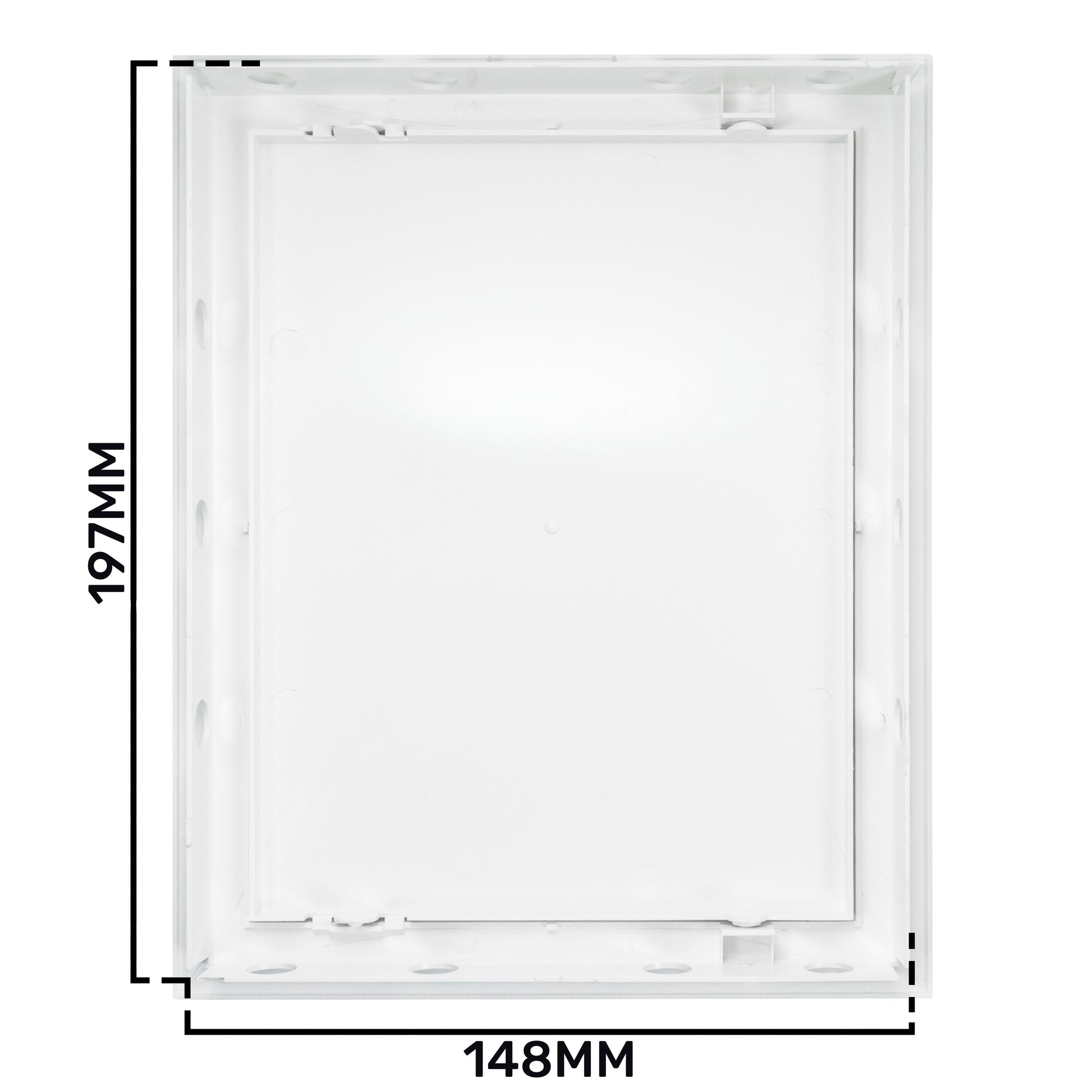 Back view of white PP access panel door frame, 148 mm x 197 mm