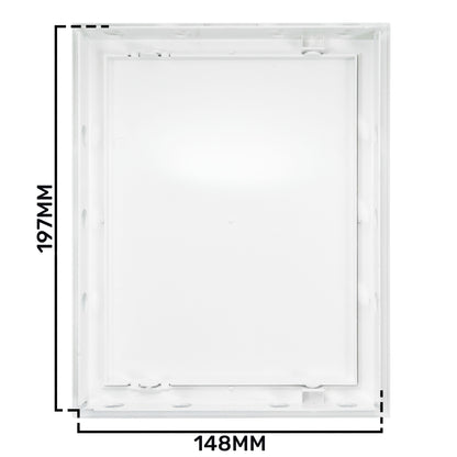 Back view of white PP access panel door frame, 148 mm x 197 mm