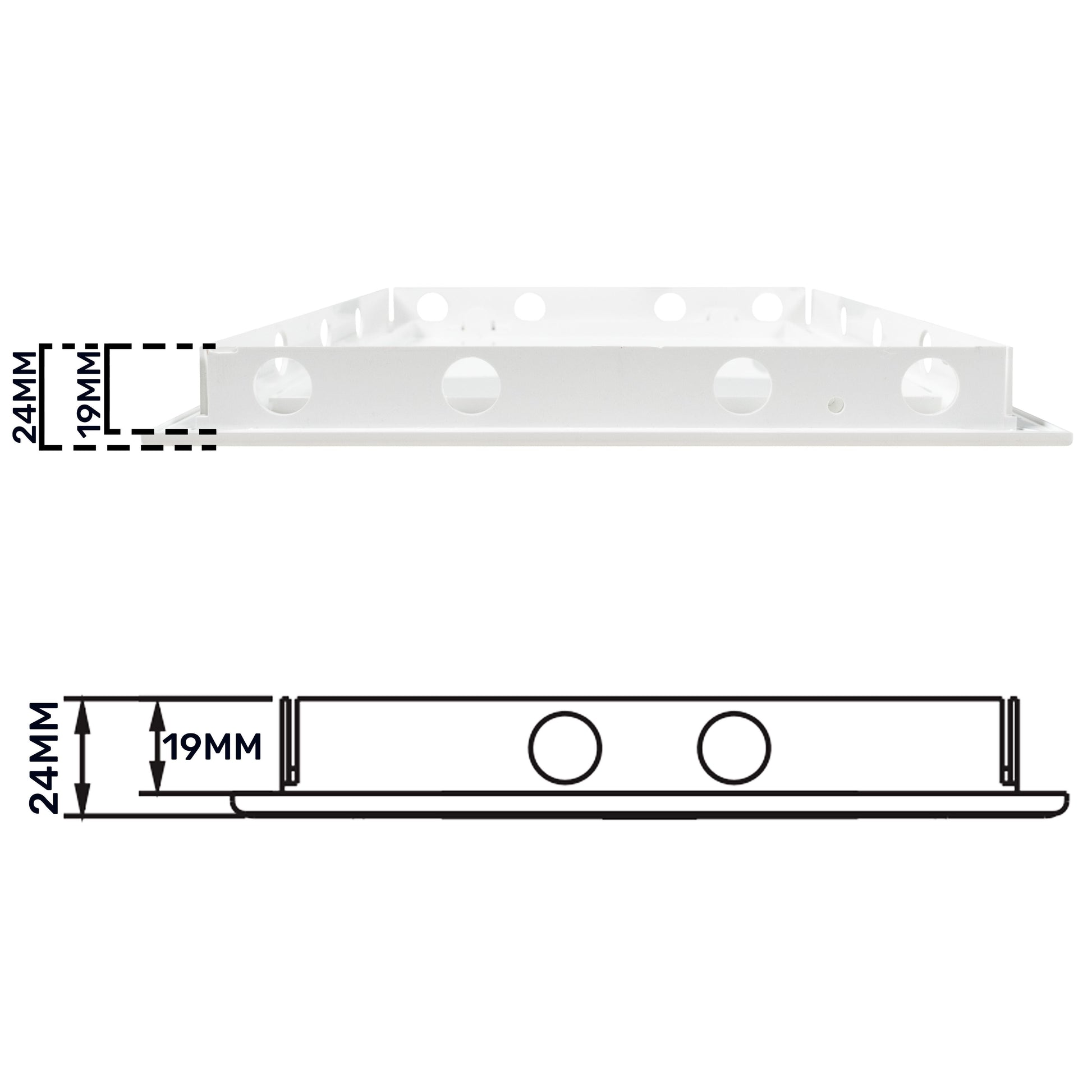 Top view of white access panel door with round fixings, 24 mm and 19 mm