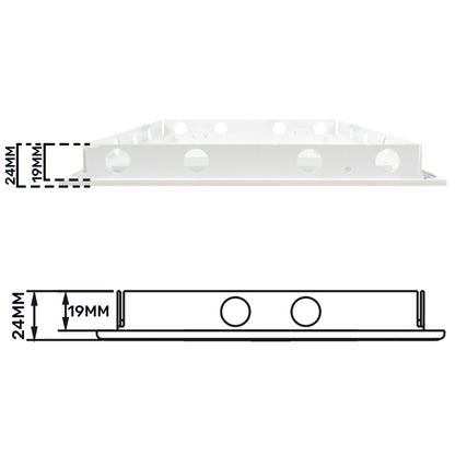 Top view of white access panel door with round fixings, 24 mm and 19 mm