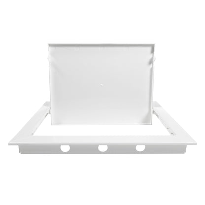 White access panel door with internal panel raised on base tray and cutouts