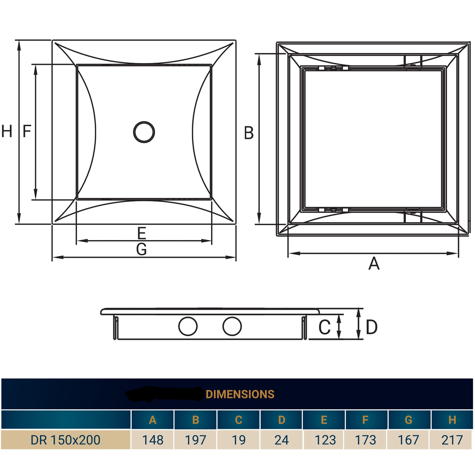 Dimension diagram for DR 150x200 access panel door with labelled measurements