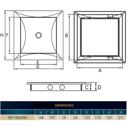 Dimension diagram for DR 150x200 access panel door with labelled measurements