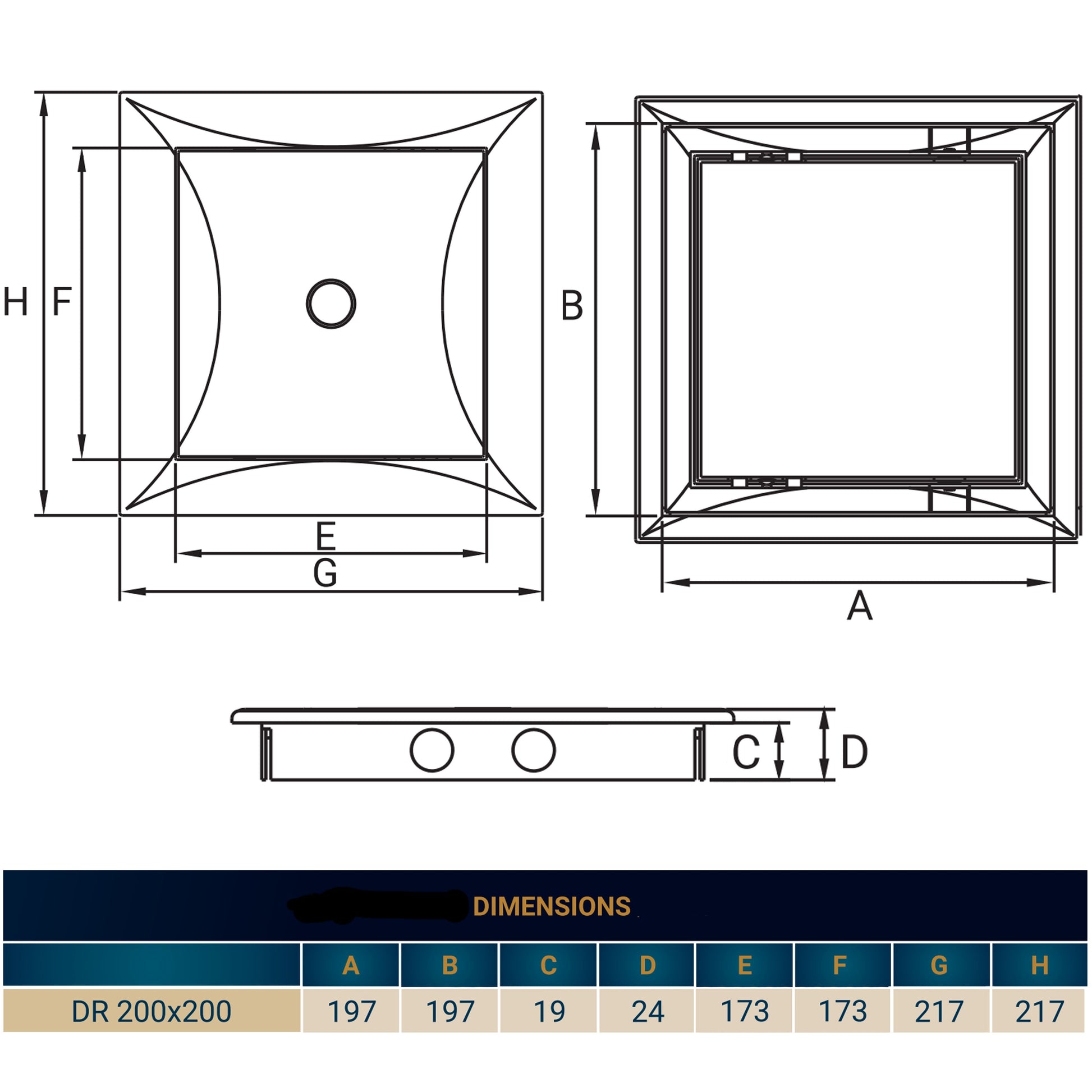 Access panel door PP technical drawing front, side, and top views with labelled measurements