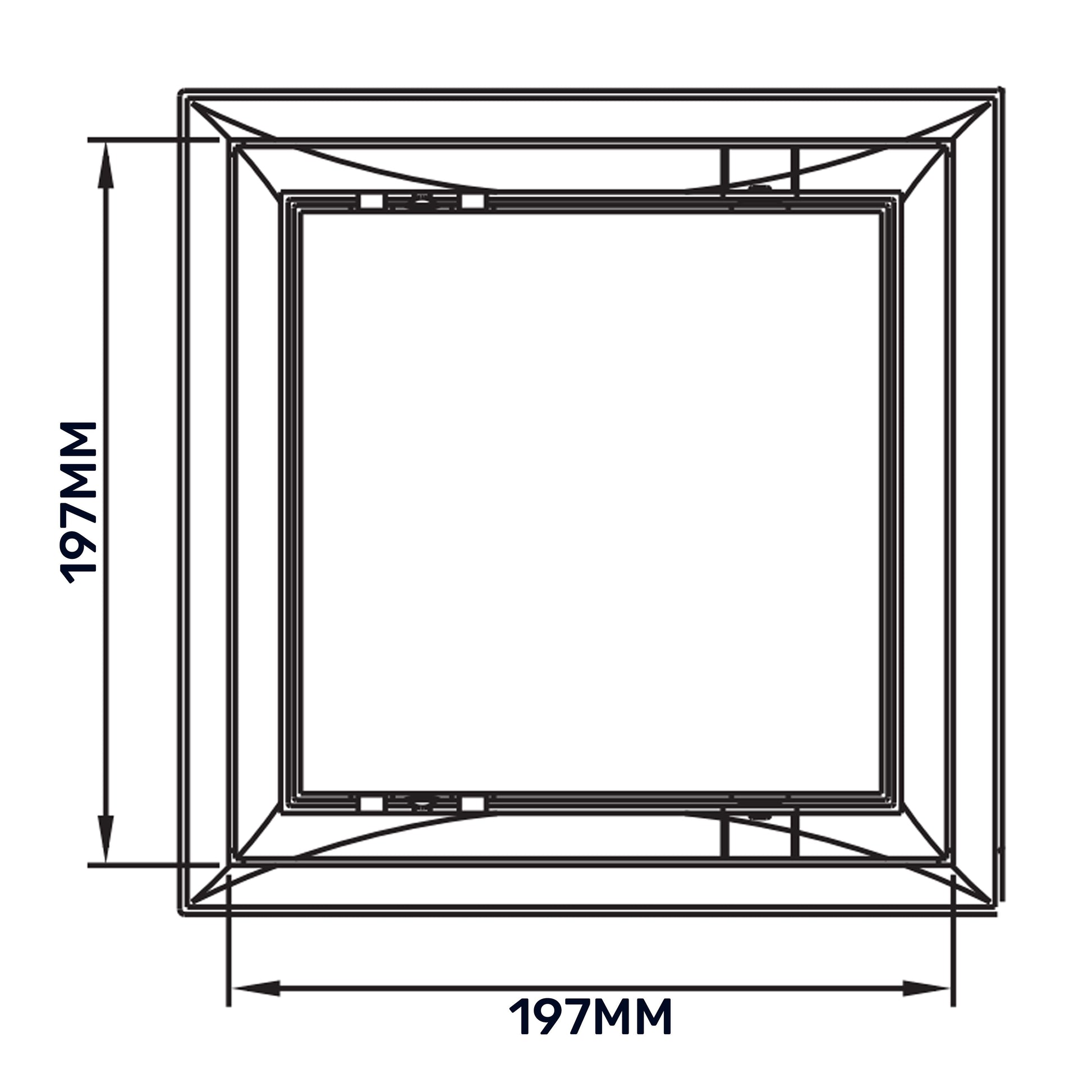 Access panel door PP diagram showing 197mm outer height and 197mm outer width