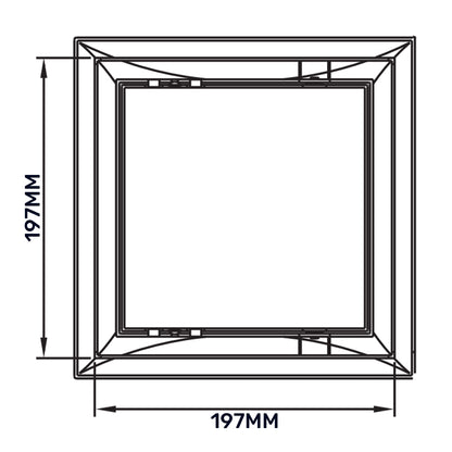 Access panel door PP diagram showing 197mm outer height and 197mm outer width