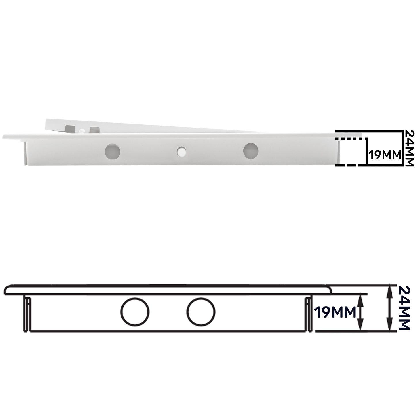 Access panel door PP cross-section with two round openings; dimensions shown (24mm, 2mm, 19mm)