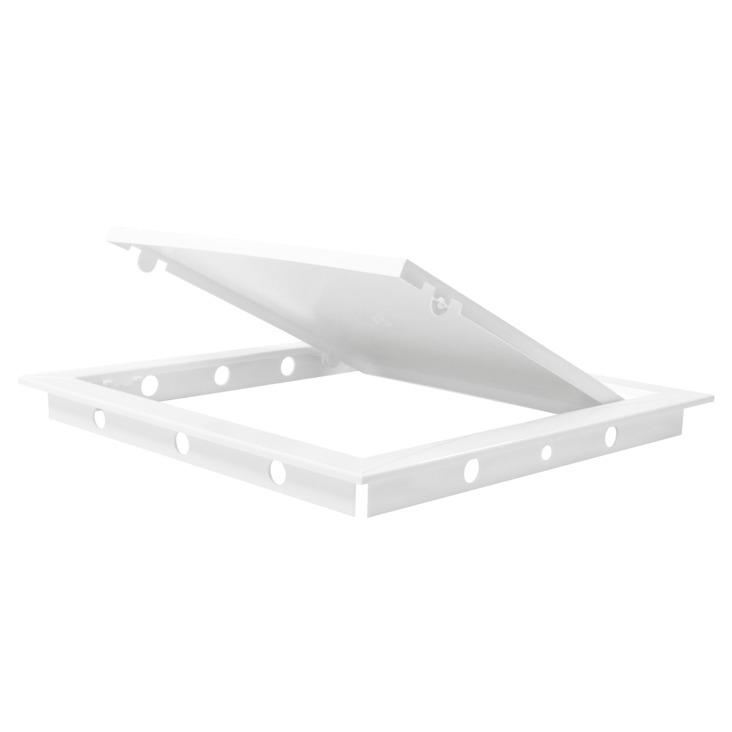 White access panel door mechanism on frame base, angled cover with tabs