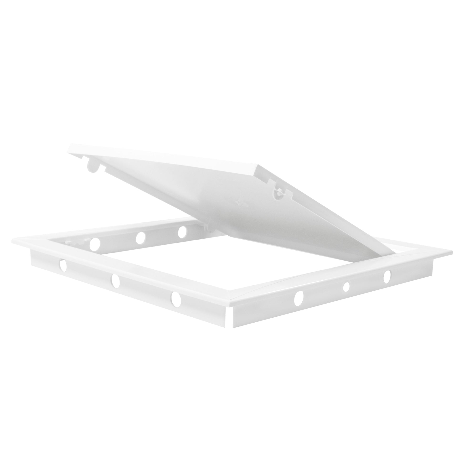 White access panel door mechanism on frame base, angled cover with tabs