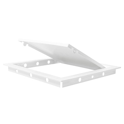 White access panel door mechanism on frame base, angled cover with tabs