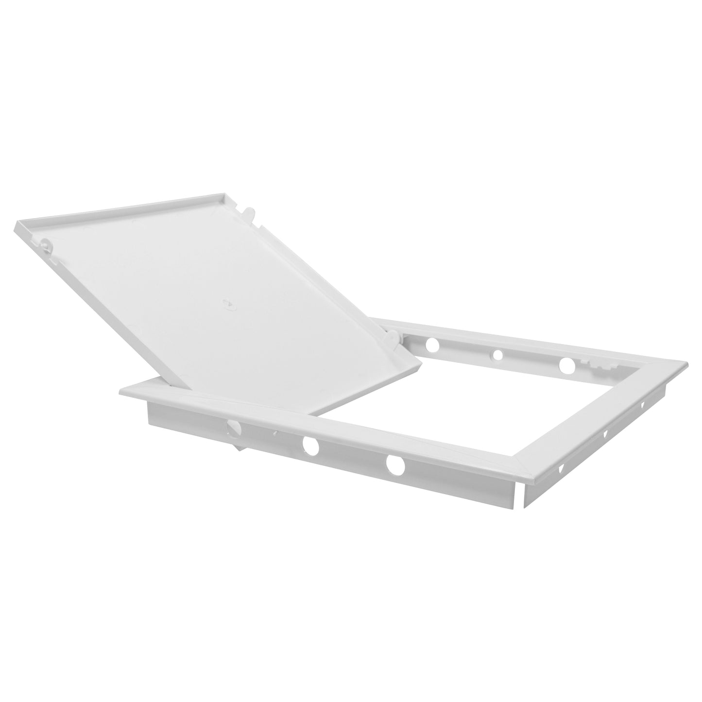 White access panel door cover and base frame, open position with fixing holes