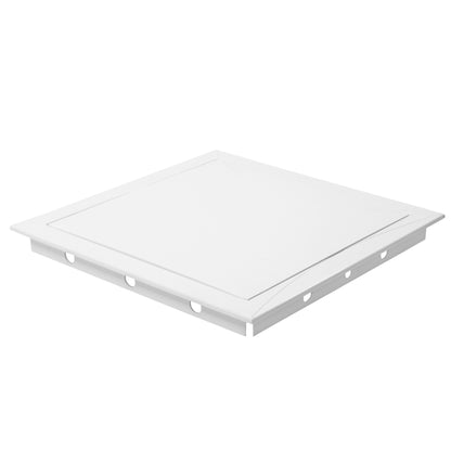 White PP base frame for access panel door with recessed square opening and holes