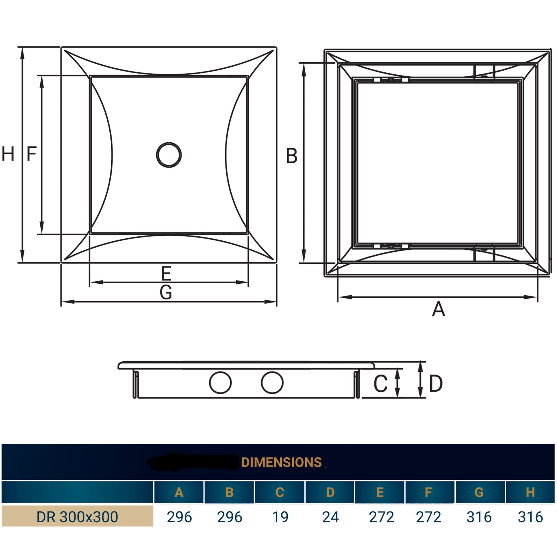 Access panel door dimension chart diagram with labeled A–H measurements for 300mm x 300mm