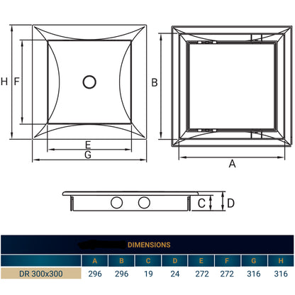 Access panel door dimension chart diagram with labeled A–H measurements for 300mm x 300mm