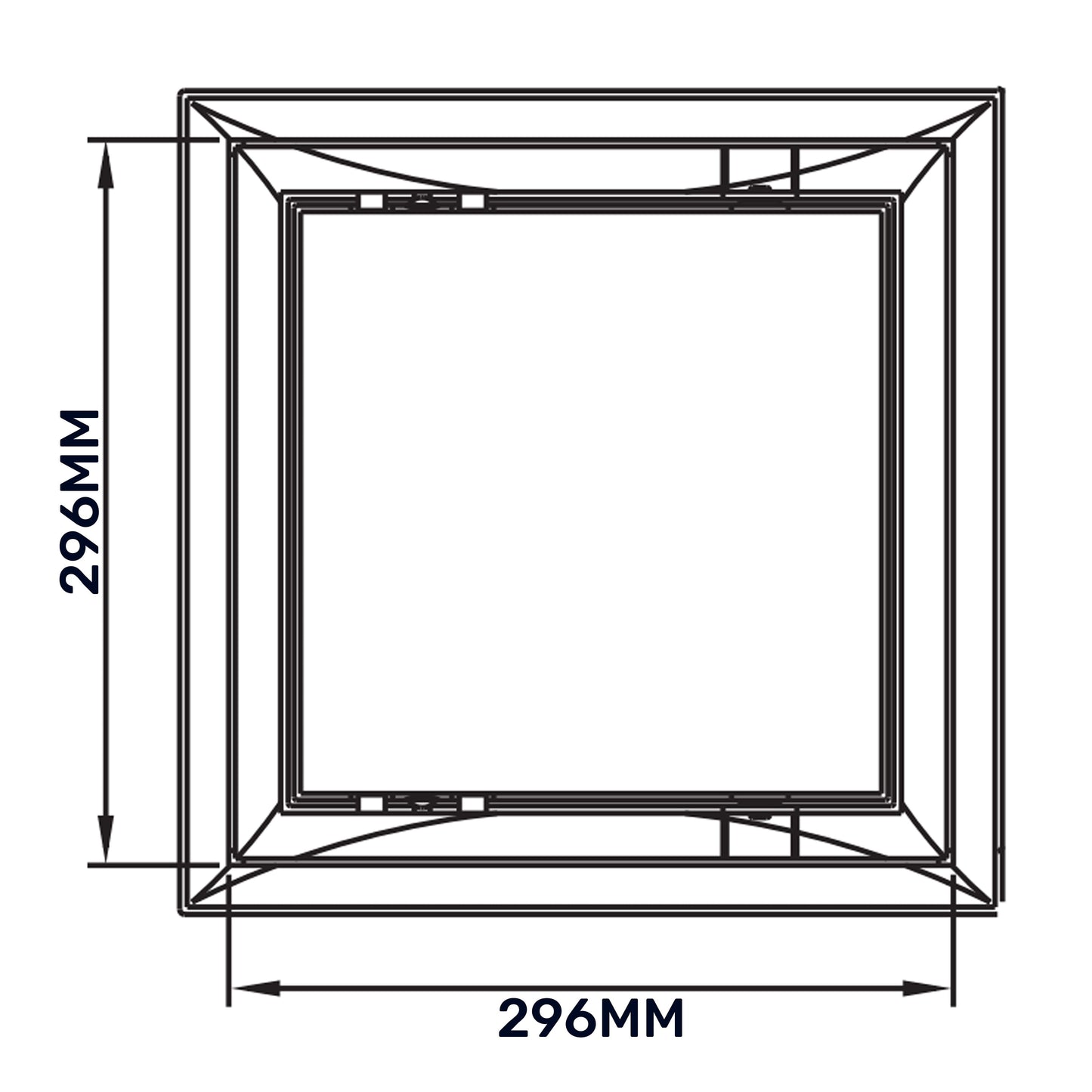 Access panel door frame dimensions diagram with outer and inner square sizes, 300mm x 300mm